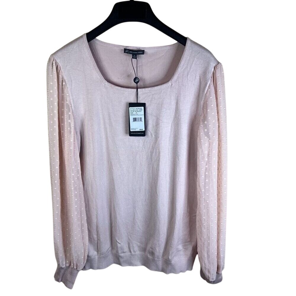 NWT Adrianna Papell Womens Patterned Sheer Arms Peach Sweater Size Medium